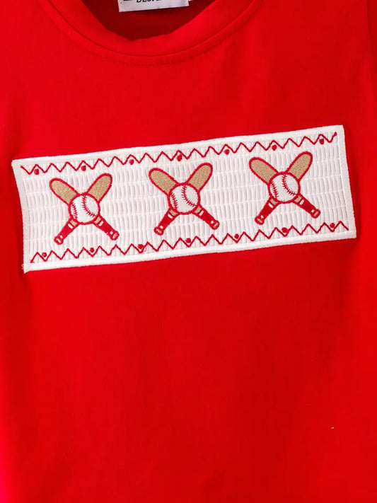 Toddler Boys Red Baseball Smocked Tee and Blue Plaid Shorts Set