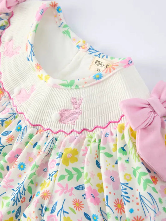 Easter Bunny Embroidered Pom-Pom Short-Sleeved Girls Dress