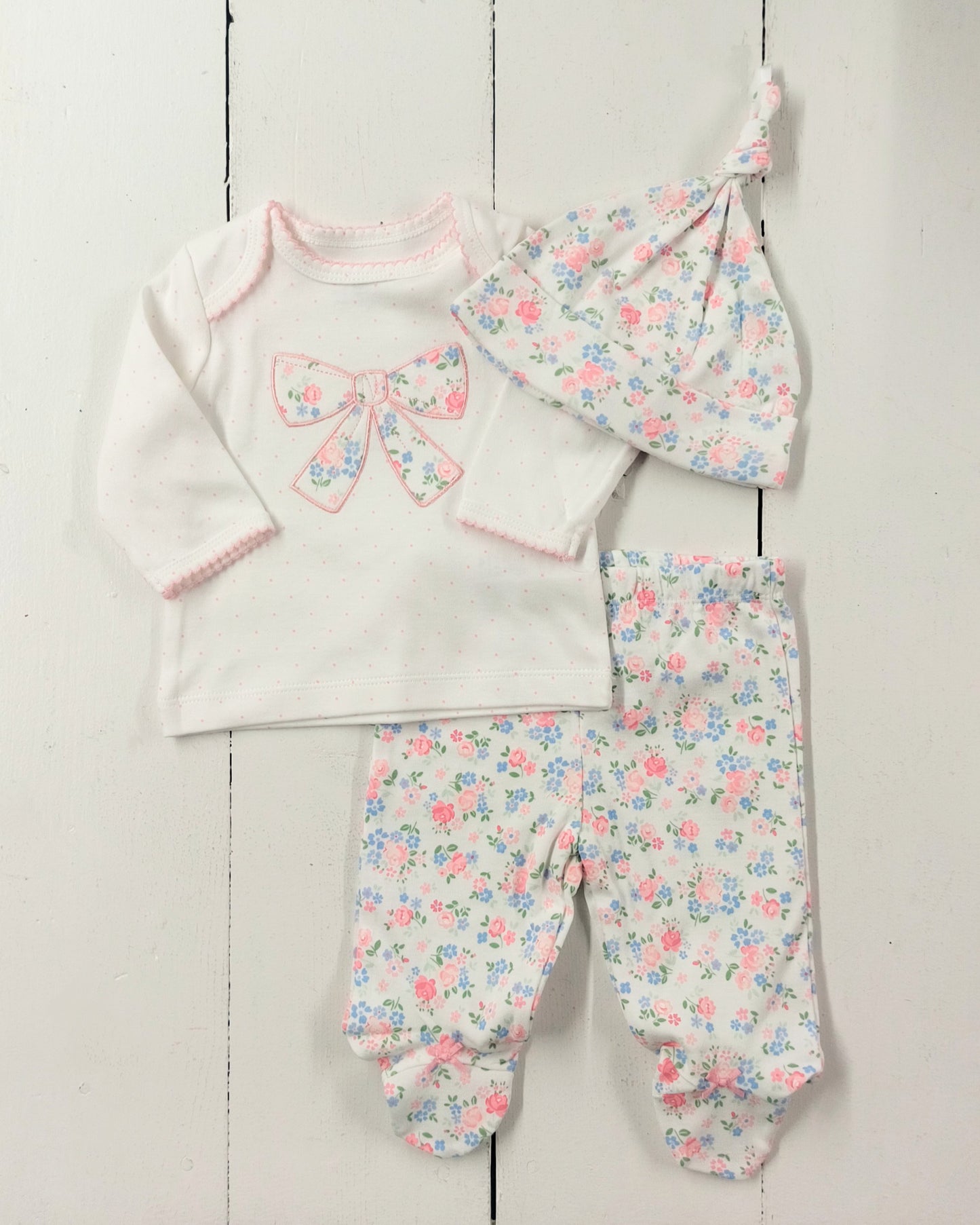 Floral Bow Shirt-Pants Set w/ Hat