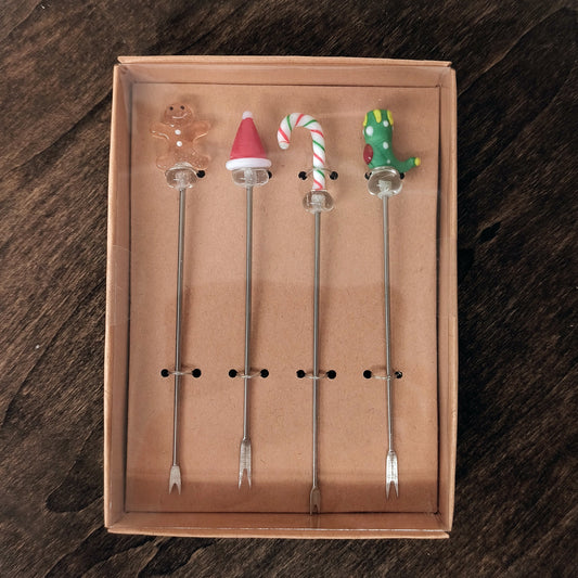 Stainless Steel Picks w/ Glass Christmas Icons