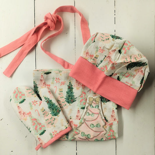 Child's Christmas Apron w/ Chef Hat & Oven Mitt