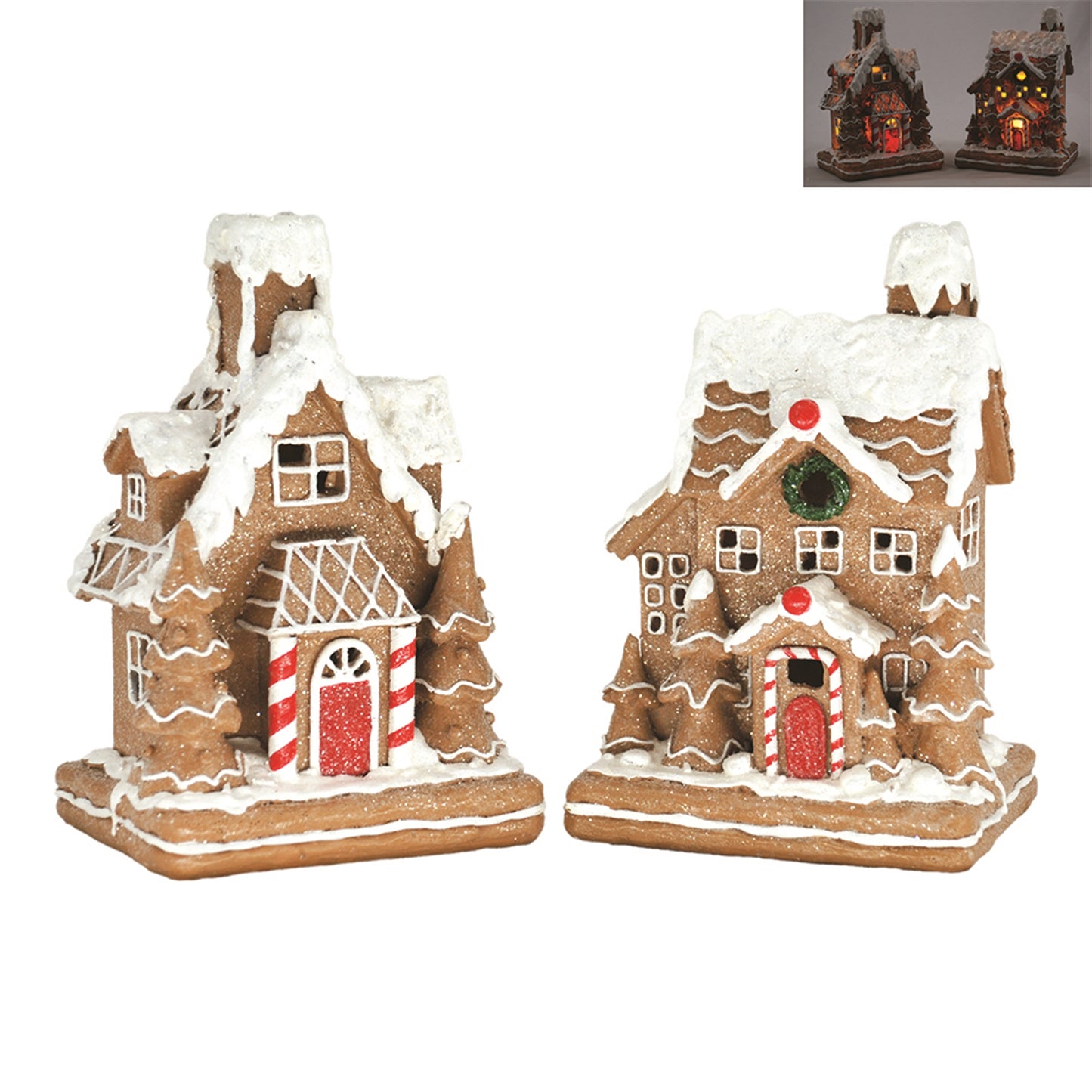 2 Assorted Lighted Large Resin Gingerbread Houses