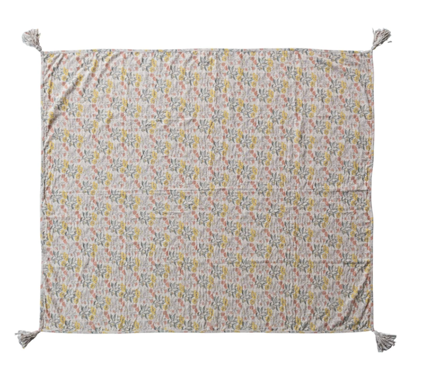 Cotton Chambray Printed Throw w Floral Pattern