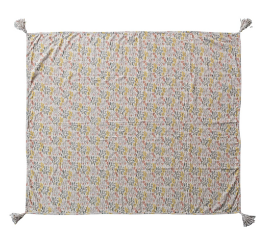 Cotton Chambray Printed Throw w Floral Pattern