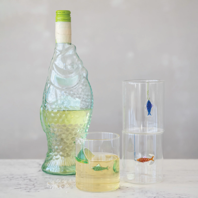 12 oz. Hand-Blown Drinking Glass with Fish On Hook