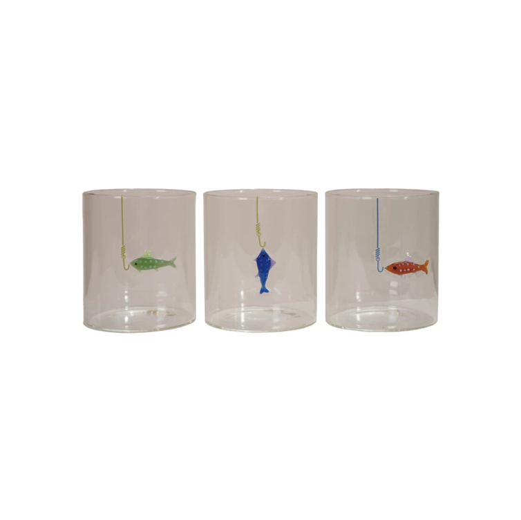 12 oz. Hand-Blown Drinking Glass with Fish On Hook