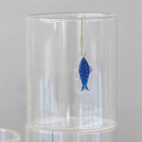 12 oz. Hand-Blown Drinking Glass with Fish On Hook