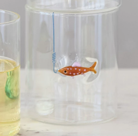 12 oz. Hand-Blown Drinking Glass with Fish On Hook
