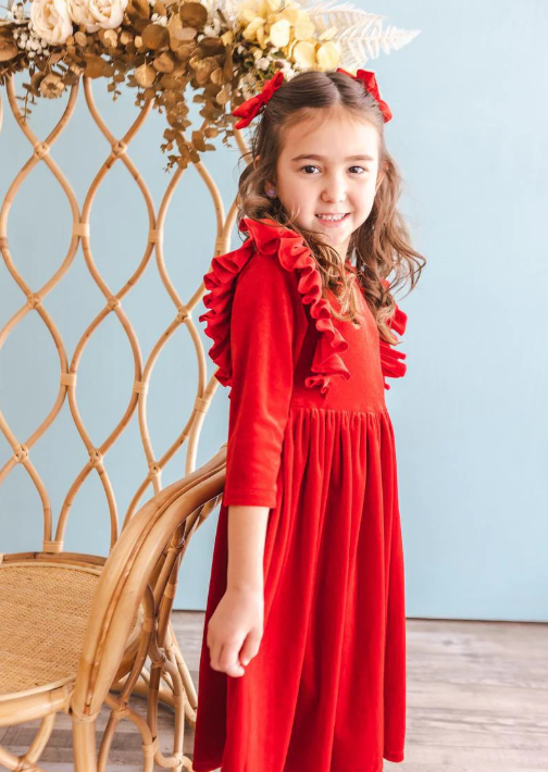 Red Velvet Ruffle Twirl Dress