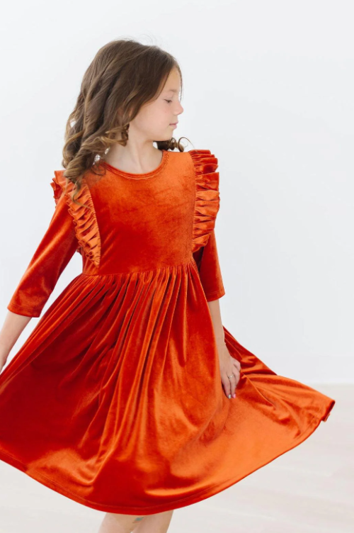 Pumpkin Spice Velvet Ruffle Twirl Dress