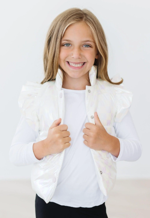 White Shimmery Checker Puffer Vest