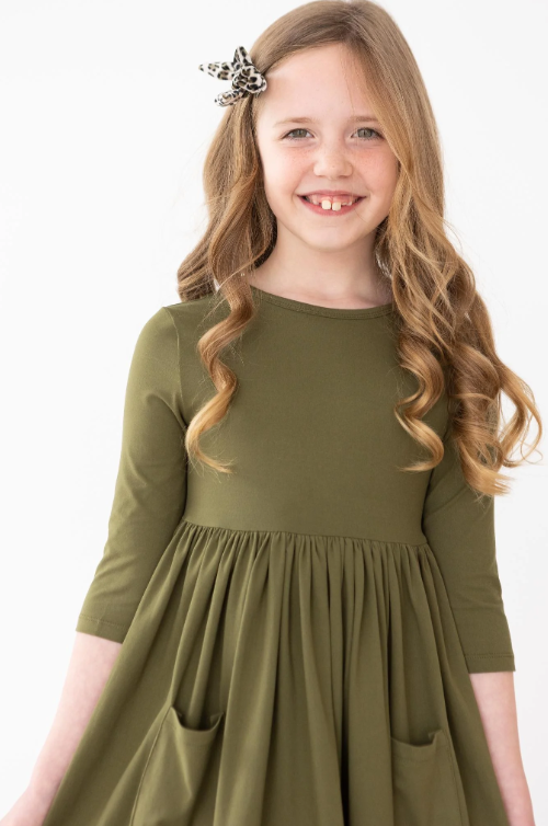Olive Green 3/4 Sleeve Twirl Dress