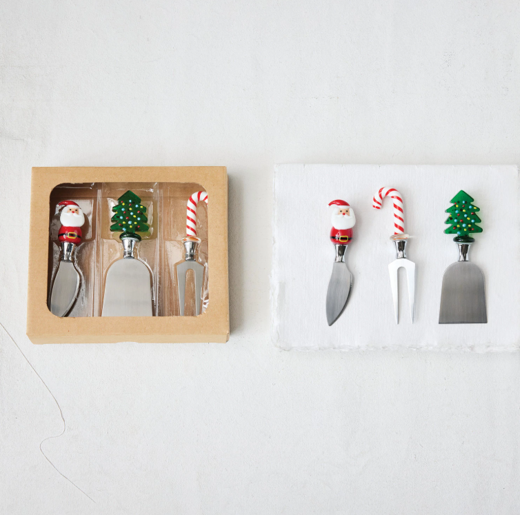 Christmas Cheese Knives w/ Glass Handle