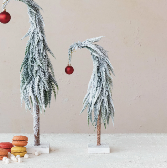 Faux Snowy Evergreen Tree w/ Red Ball Ornament