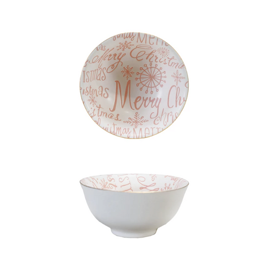 Stoneware "Merry Christmas" Bowl w/ Gold Color Rim