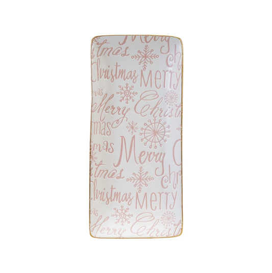 Stoneware "Merry Christmas" Tray w/ Gold Color Rim