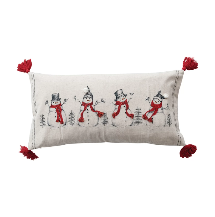 Lumbar Pillow with Embroidered Snowmen & Birds Image