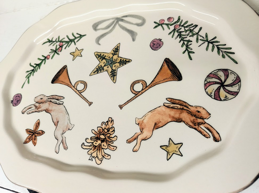 Stoneware Oval Platter w/ Horns & Rabbits