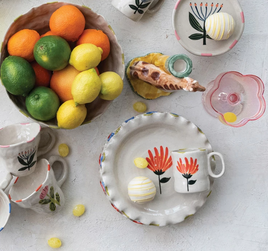 Hand-Painted Stoneware Plate w/ Ruffled Edge, 4 Styles