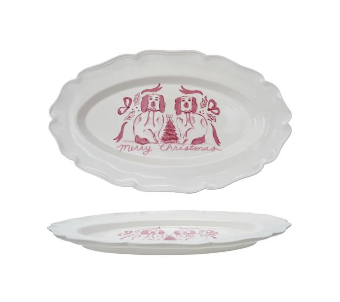 Stoneware Scalloped Christmas Platter w/ Dogs