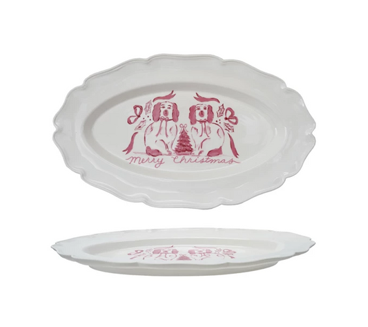 Stoneware Scalloped Christmas Platter w/ Dogs
