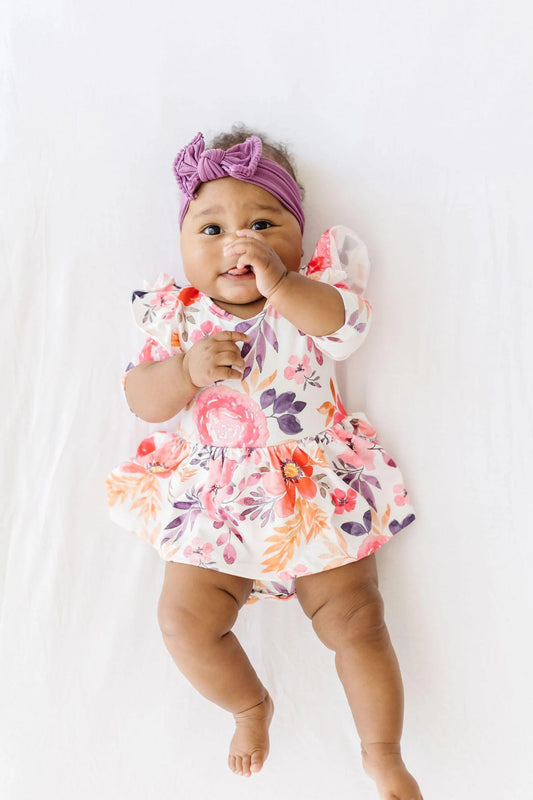 Tangerine Leaves 3/4 Sleeve Flutter Twirl Bodysuit