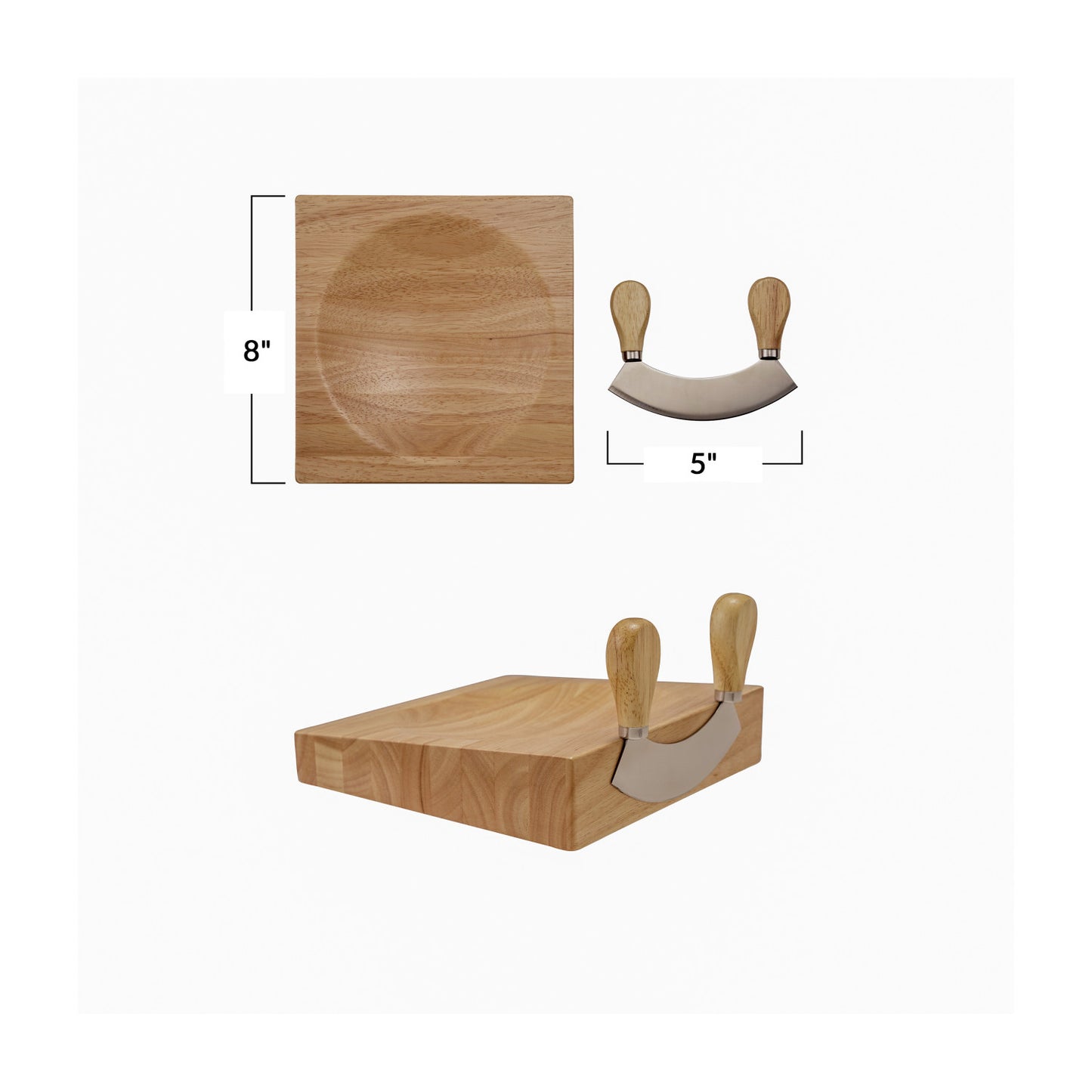 Rubberwood & Stainless Steel Mezzaluna & 8" Square Cutting Board