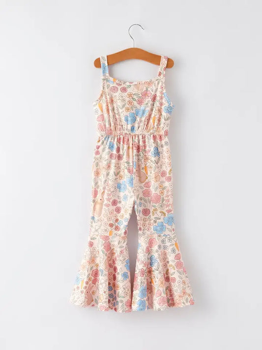 Easter Bunny Floral Print Girls Sling Flared Jumpsuit