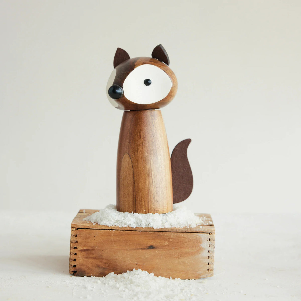 Acacia Wood Fox Shaped Salt/Pepper Mill with Faux Leather Ears & Tail