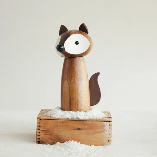 Acacia Wood Fox Shaped Salt/Pepper Mill with Faux Leather Ears & Tail