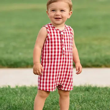 Summer Plaid Smocked Ruffle Boys Romper