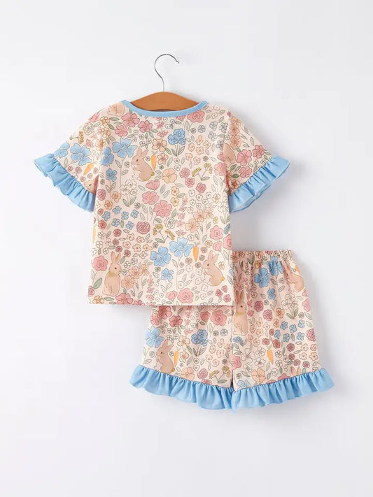 Easter Girls Blue Bunny Floral Print Pajamas Set