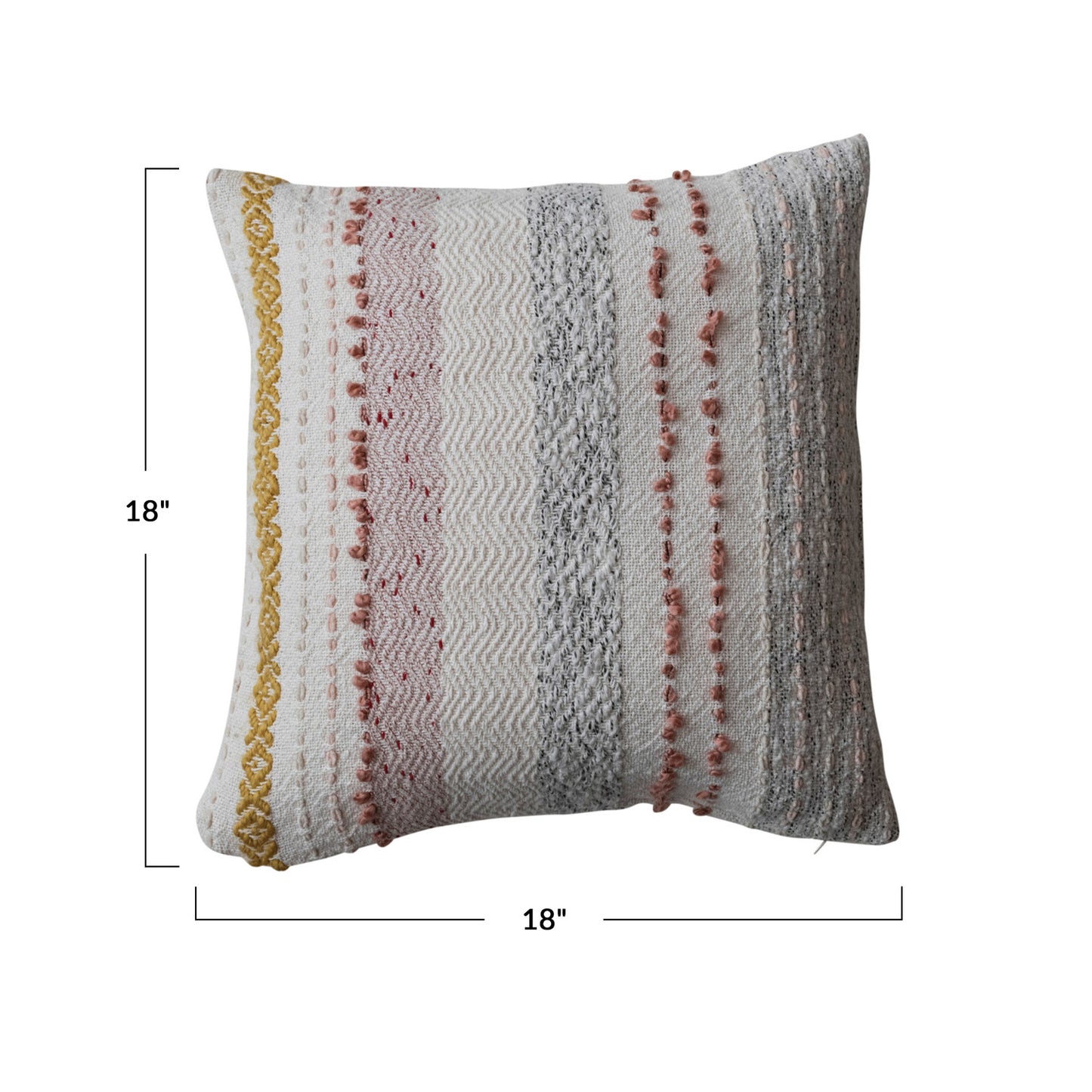 18" Square Woven Cotton Blend Pillow w/ Stripes & Embroidery