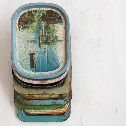 Found Decorative Metal Tray, Heavily Distressed Finish (Each Varies)