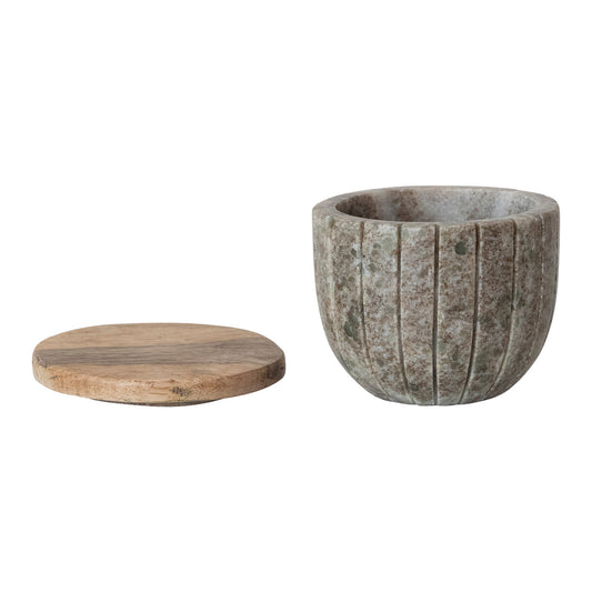 Carved Marble Container with Mango Wood Lid, Brown & Natural