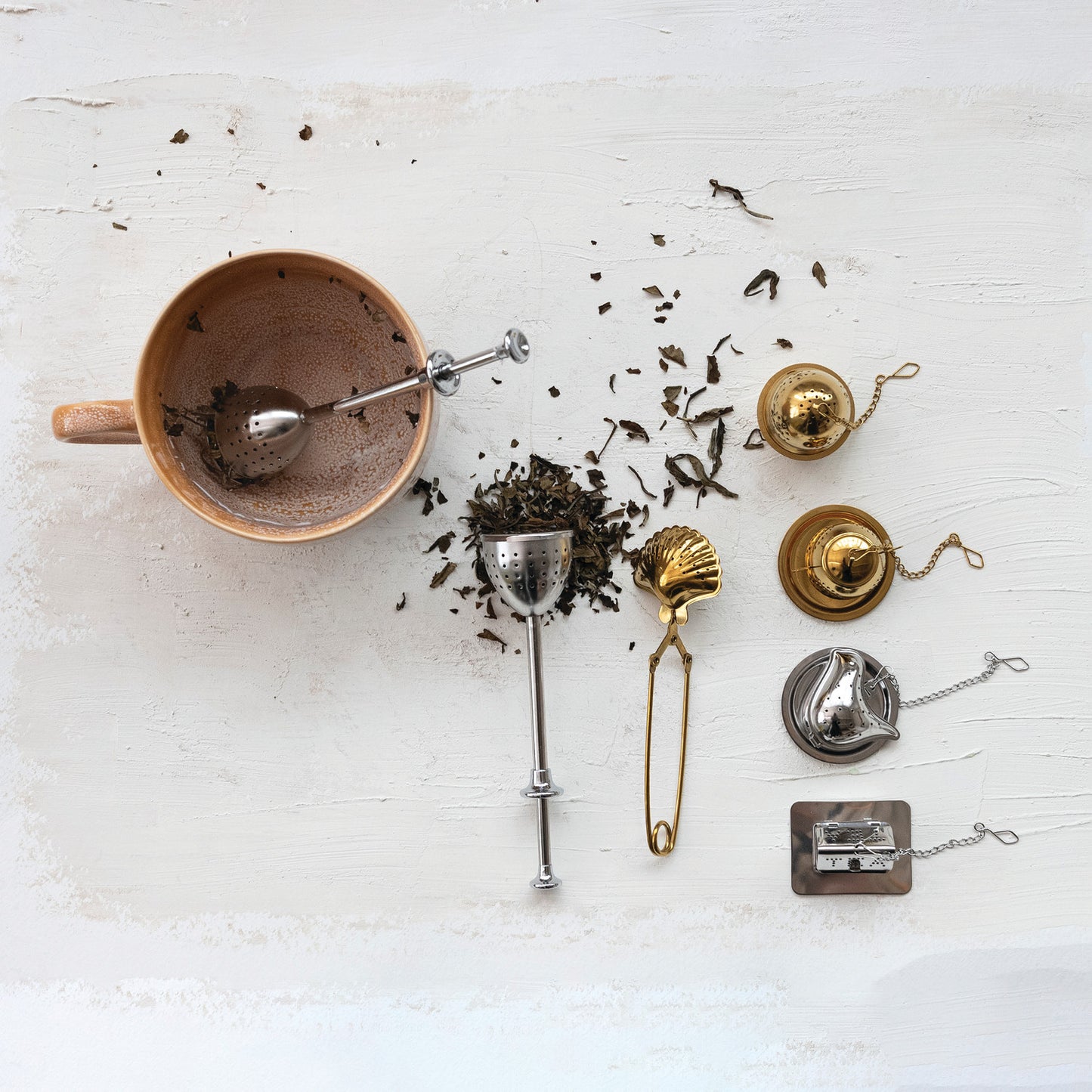 Stainless Steel Shaped Loose Tea Infuser with Dish, Gold/Nickel Finish, Set of 2, 4 Styles