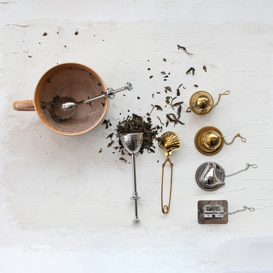 Stainless Steel Shaped Loose Tea Infuser with Dish, Gold/Nickel Finish, Set of 2, 4 Styles