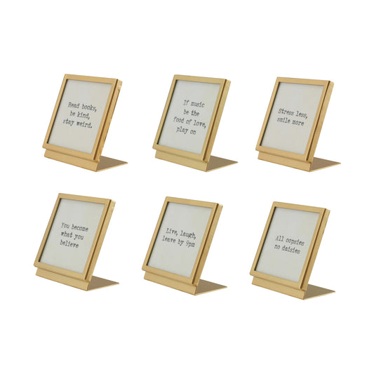 Metal & Glass Frame with Easel & Saying, Gold Finish, 6 Styles (Holds 3" Square Photo)