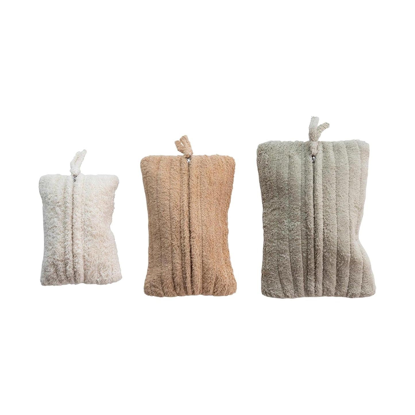 Quilted Cotton Terry Zip Pouches w/ Cotton Lining, 3 Colors, Set of 3