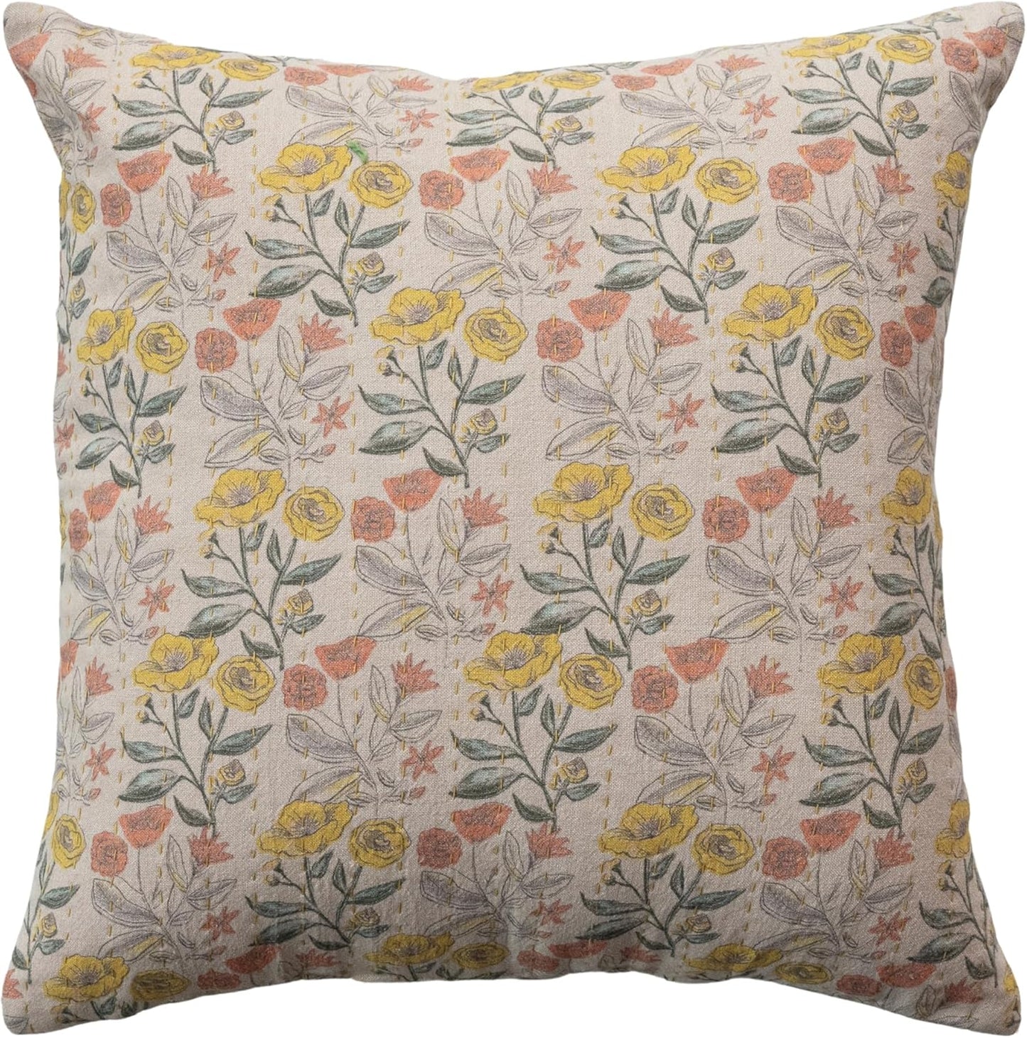 18" Square Cotton Chambray Printed Pillow & Kantha Stitch ©