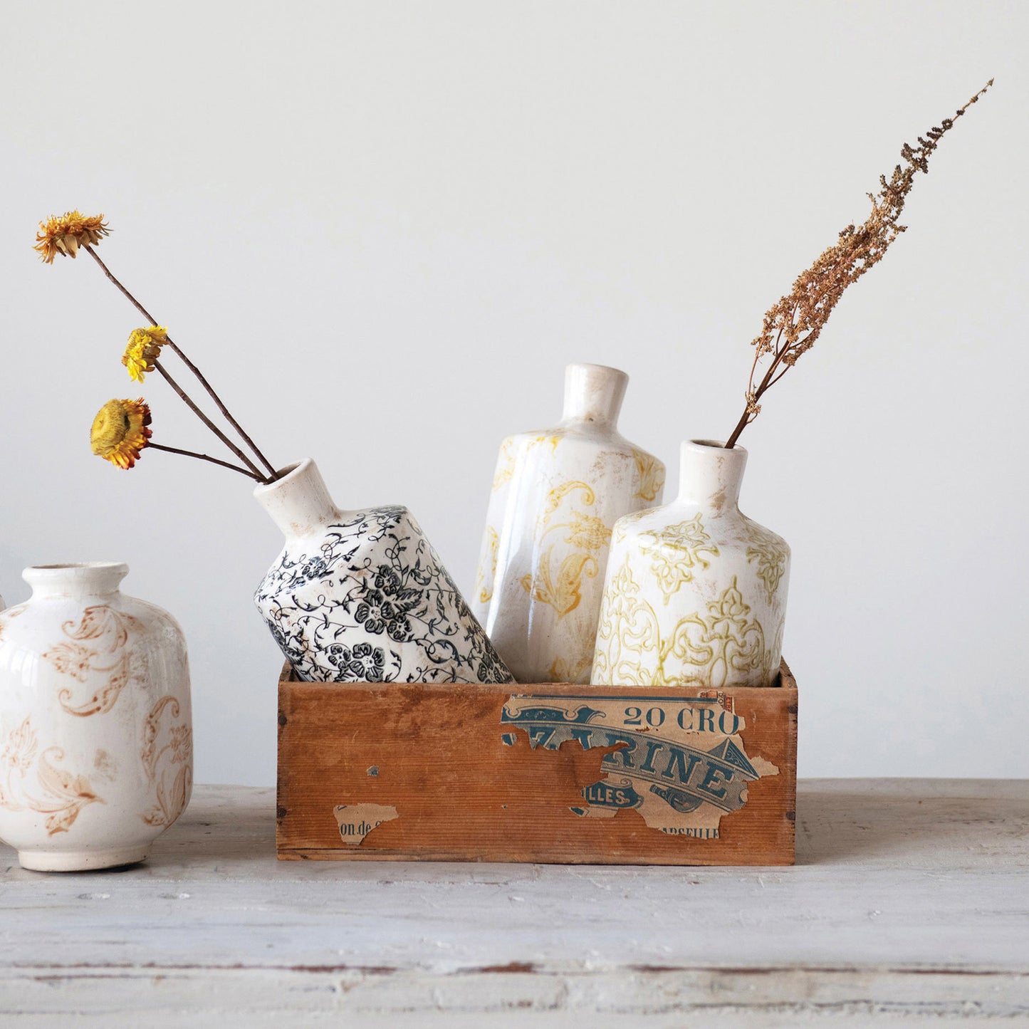 Terra-cotta vase w Transferware Pattern, 3 Styles