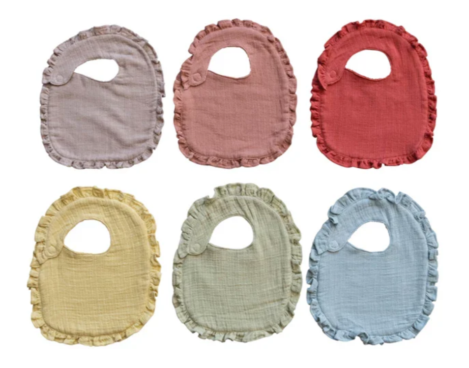 Cotton Double Cloth Baby Bib w/ Terry Back & Ruffles, 6 Colors