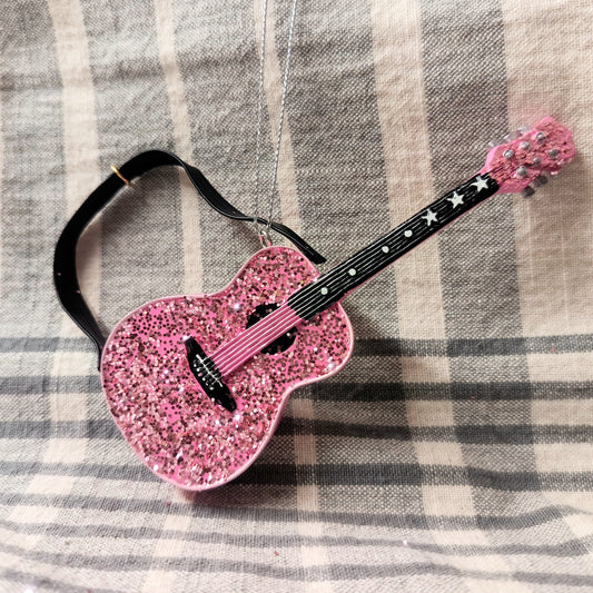Pink Glittered Guitar Ornament