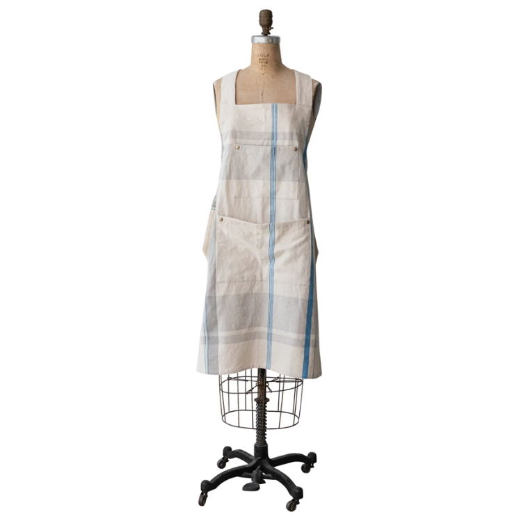 Woven Cotton Plaid Apron w/ Buttons & Rivets