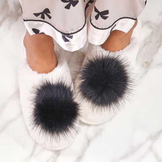 Plush Slippers - Ivory/Black