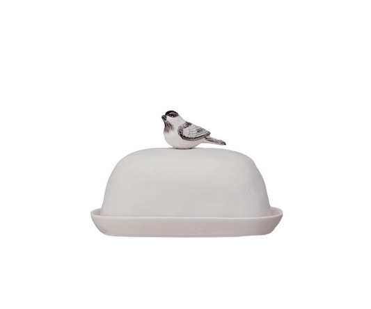 Stoneware Butter Dish w/ Perched Bird