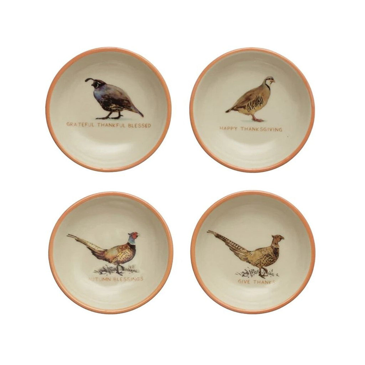 3" Rnd Stoneware Dish w Tan Rim & Game Birds
