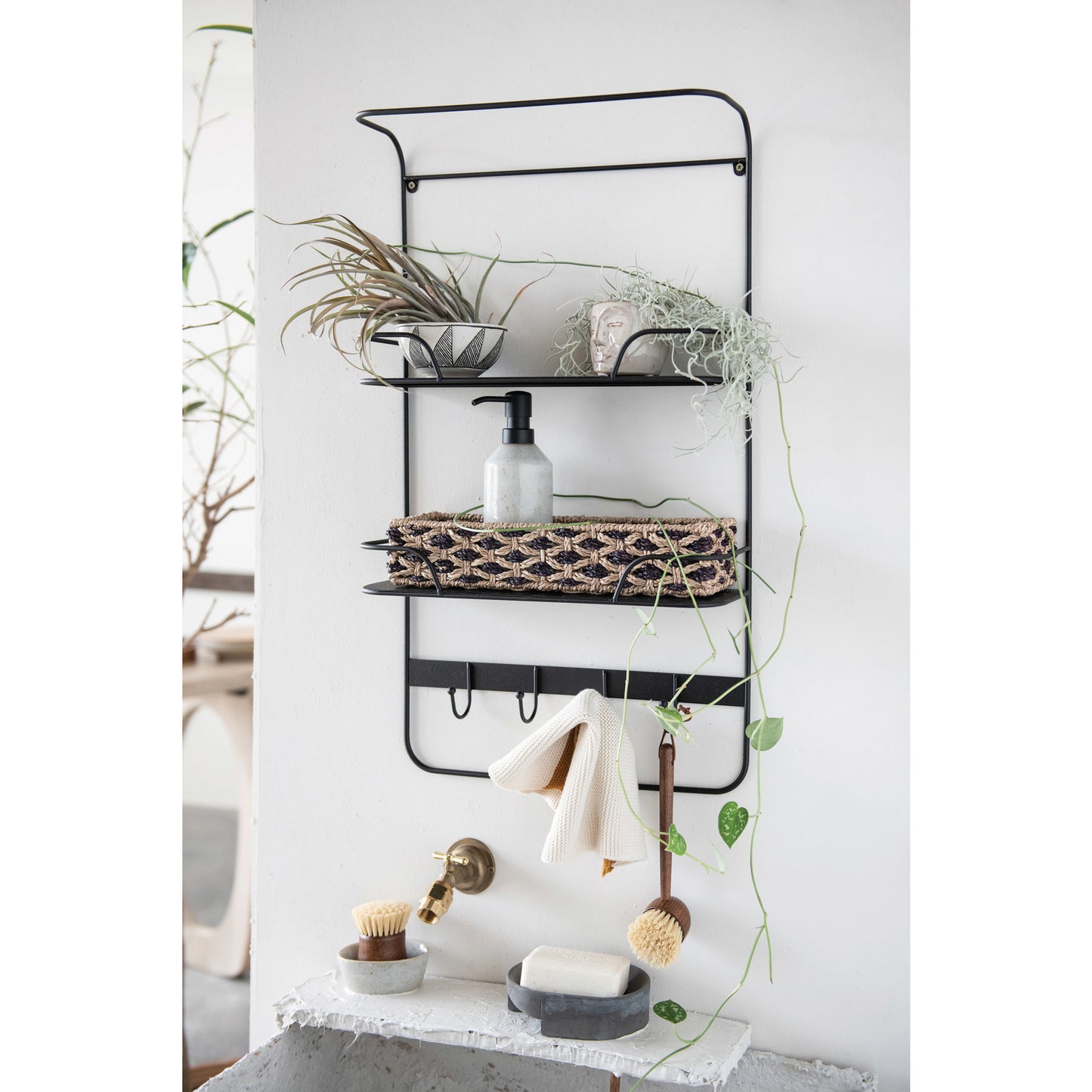 Metal Wall Shelf with 4 Hooks