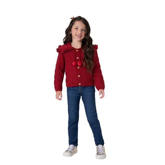 Girls Red Knit Cardigan w/ Pompoms