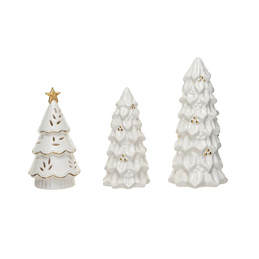 Stoneware Christmas Trees Set w/ 1 LED Tree